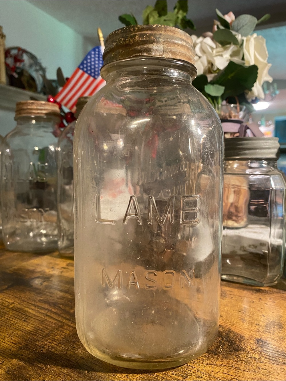 Vintage Clear Glass 'Lamb' Mason Jar with Metal Lid